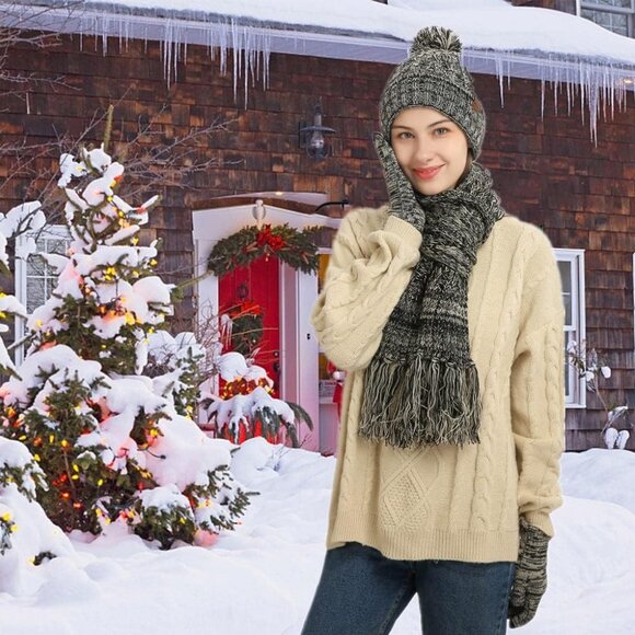 Women's Winter Warm Skull Caps Knit Gloves Beanie Neck Scarves Black 3 Set - Picture 2 of 6